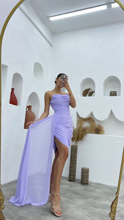 Lila Pelerinli Şifon Abiye Elbise Aller