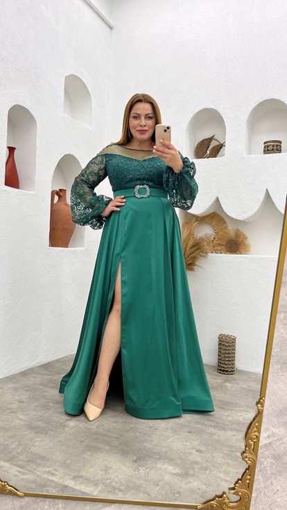 Manche ballon ceinture verte Plus Taille Robe de soirée