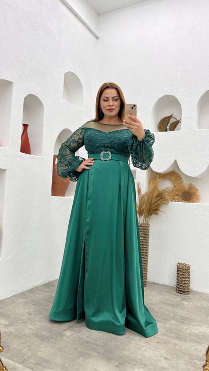 Manche ballon ceinture verte Plus Taille Robe de soirée