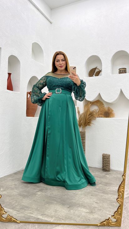 Manche ballon ceinture verte Plus Taille Robe de soirée