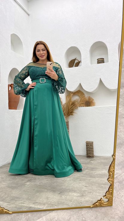 Manche ballon ceinture verte Plus Taille Robe de soirée