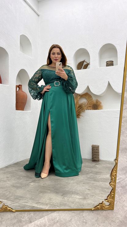 Manche ballon ceinture verte Plus Taille Robe de soirée