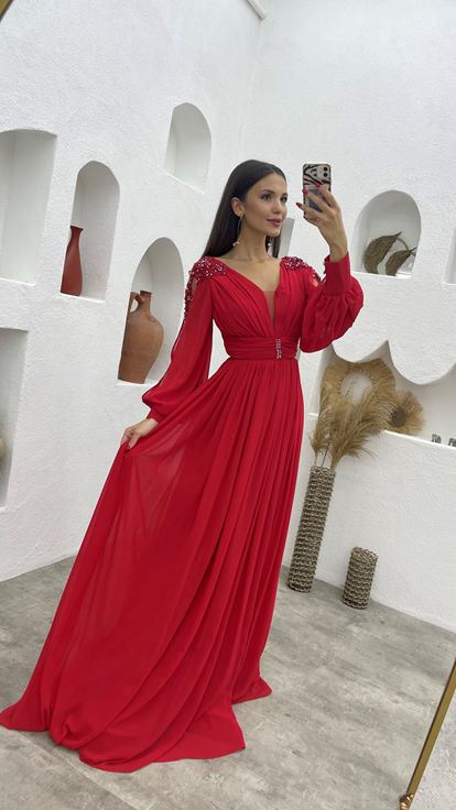 Kırmızı Kolları İnci Detay Şifon Abiye Elbise