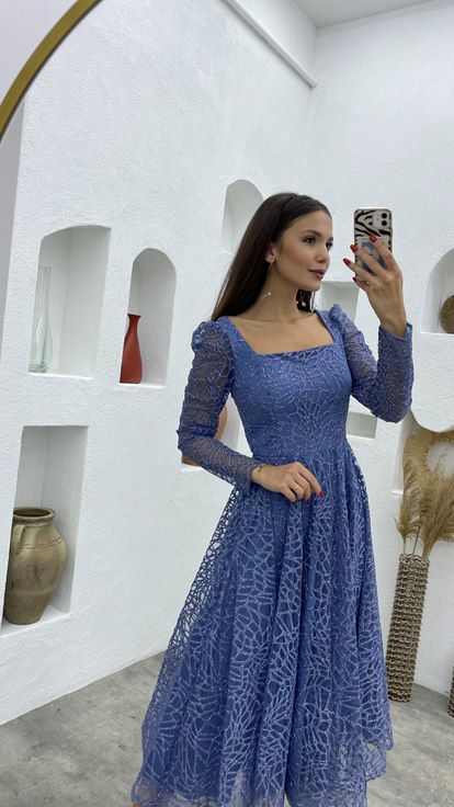 Blue Glittery Tulle Evening Dress