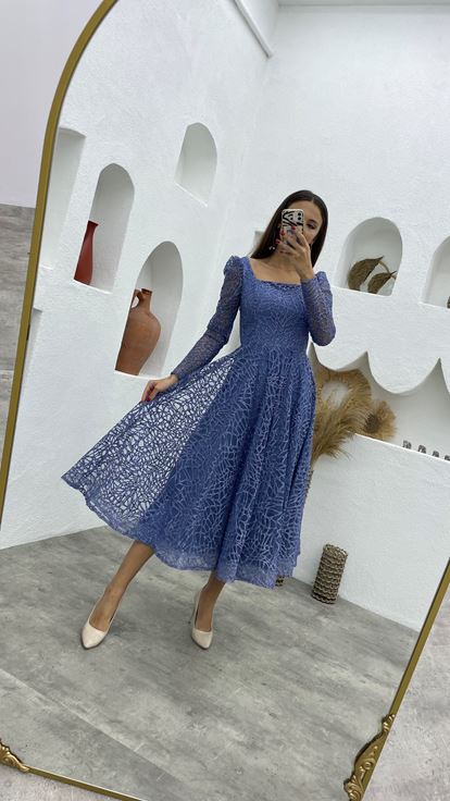 Blue Glittery Tulle Evening Dress