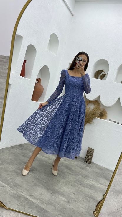 Blue Glittery Tulle Evening Dress