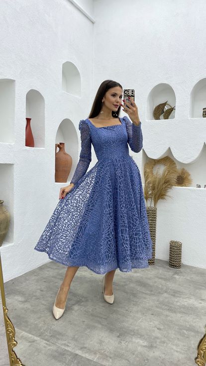 Blue Glittery Tulle Evening Dress