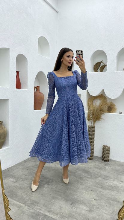 Blue Glittery Tulle Evening Dress