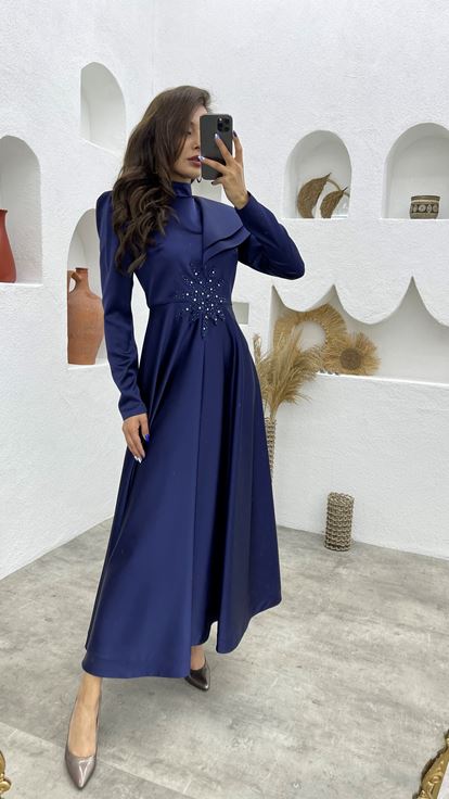 Lacivert Saten Tesettür Abiye Elbise