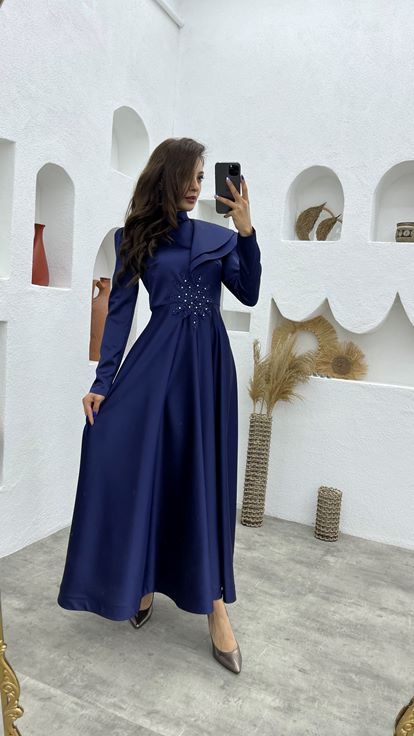 Lacivert Saten Tesettür Abiye Elbise