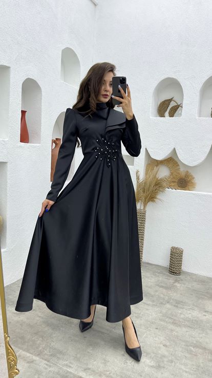 Robe de soirée en satin noir Hijab