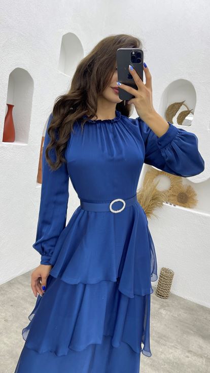 Mavi Eteği Kat Kat Kemerli Sifon Tesettür Abiye Elbise