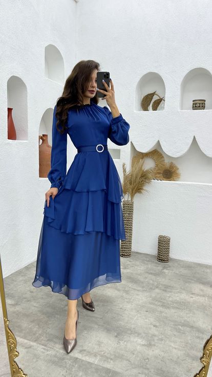 Mavi Eteği Kat Kat Kemerli Sifon Tesettür Abiye Elbise