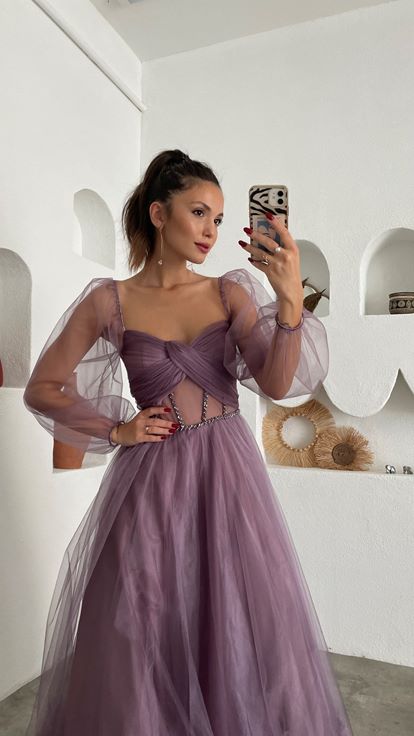Lila Balon Kol Uzun Tül Abiye Elbise