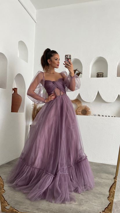 Lila Balon Kol Uzun Tül Abiye Elbise