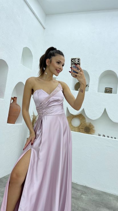 Lilac Satin Evening Dress with Stone Embellishments on the Bust and Waist and a Slit