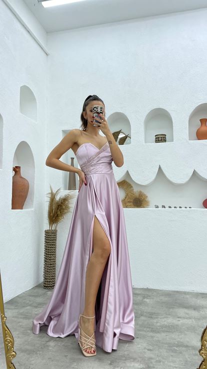 Lilac Satin Evening Dress with Stone Embellishments on the Bust and Waist and a Slit