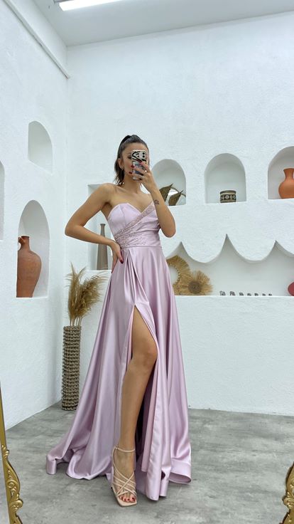 Lilac Satin Evening Dress with Stone Embellishments on the Bust and Waist and a Slit