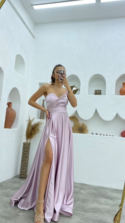 Lilac Satin Evening Dress with Stone Embellishments on the Bust and Waist and a Slit