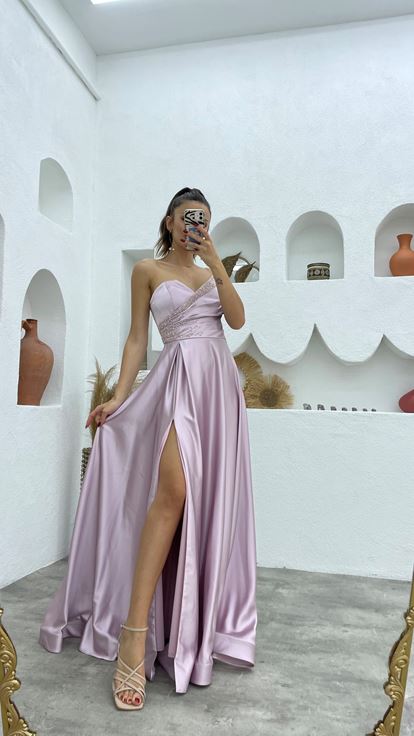 Lilac Satin Evening Dress with Stone Embellishments on the Bust and Waist and a Slit