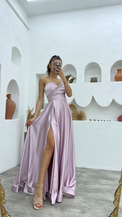Lilac Satin Evening Dress with Stone Embellishments on the Bust and Waist and a Slit