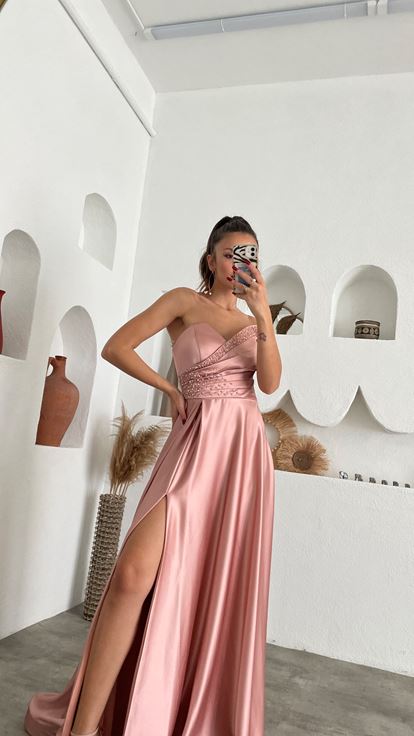 Powder Pink Satin Evening Dress with Stone Embellishments on the Bust and Waist and a Slit