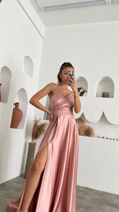 Powder Pink Satin Evening Dress with Stone Embellishments on the Bust and Waist and a Slit