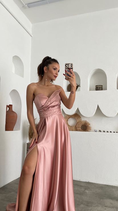 Powder Pink Satin Evening Dress with Stone Embellishments on the Bust and Waist and a Slit