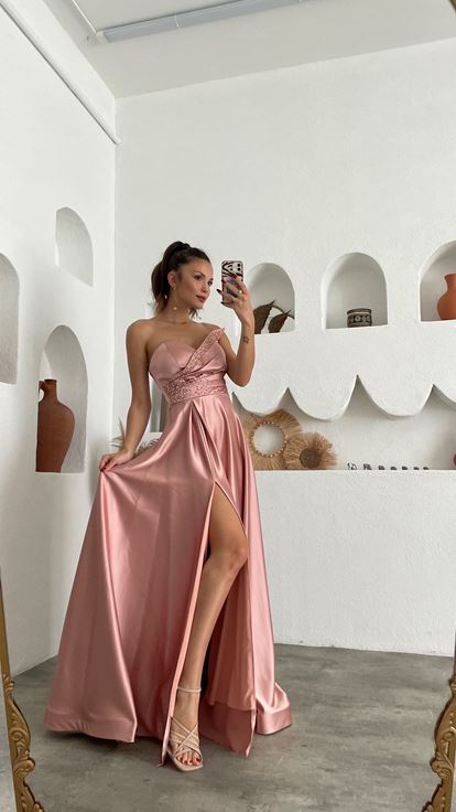 Powder Pink Satin Evening Dress with Stone Embellishments on the Bust and Waist and a Slit