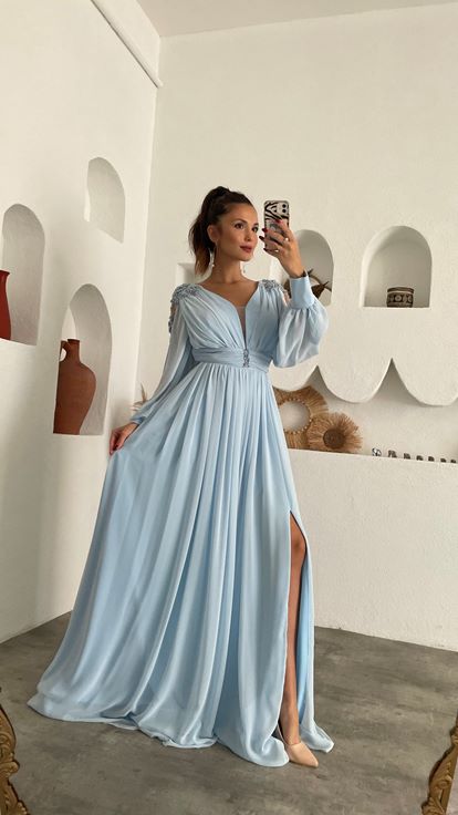Bebe Mavi Kolları İncili Şifon Abiye Elbise