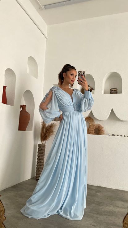 Bebe Mavi Kolları İncili Şifon Abiye Elbise
