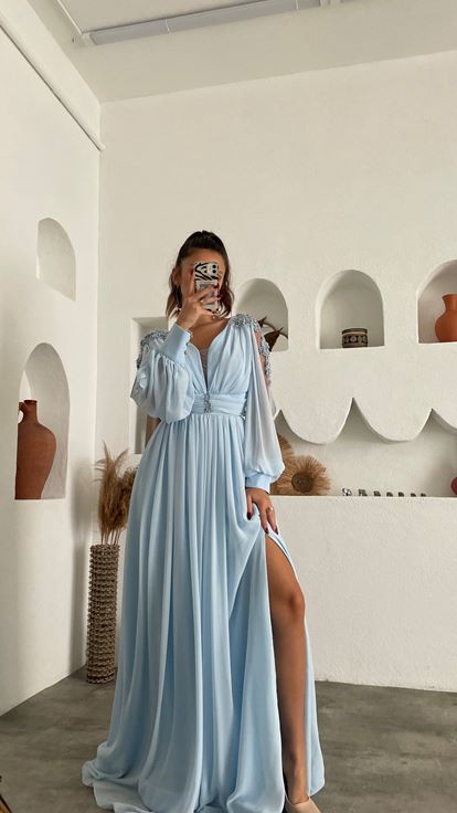Bebe Mavi Kolları İncili Şifon Abiye Elbise