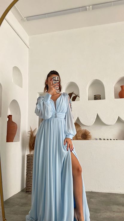 Bebe Mavi Kolları İncili Şifon Abiye Elbise