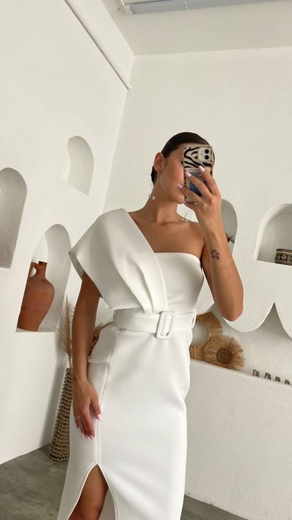 White Single Sleeve Belt Detail Scuba Fabric Evening Dress