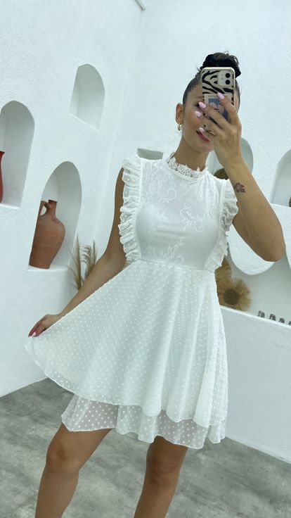 Beyaz Sıfır Kol Dantelli Şifon Elbise
