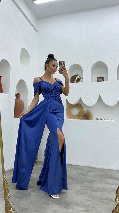 Mavi İp Askılı Yırtmaçlı Saten Abiye Elbise Aller