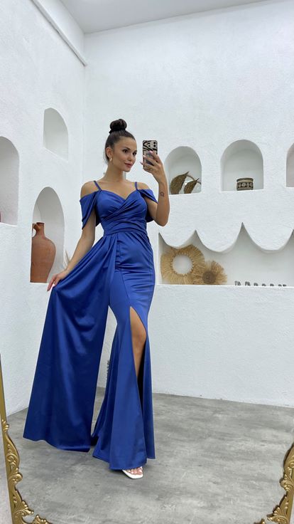 Mavi İp Askılı Yırtmaçlı Saten Abiye Elbise Aller