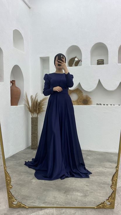 Lacivert Omuz İşlemeli Drapeli Şifon Tesettür Abiye Elbise