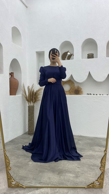 Lacivert Omuz İşlemeli Drapeli Şifon Tesettür Abiye Elbise