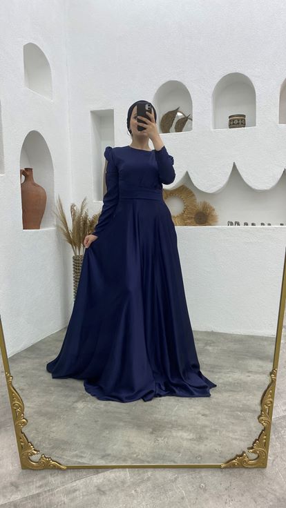 Lacivert Omuz İşlemeli Drapeli Şifon Tesettür Abiye Elbise