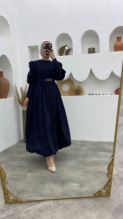 Lacivert Balon Kol Şifon Tesettür Abiye Tesettür Elbise
