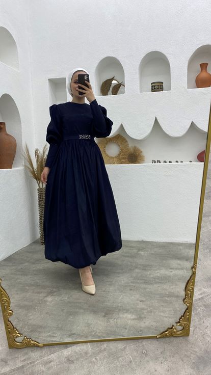 Lacivert Balon Kol Şifon Tesettür Abiye Tesettür Elbise