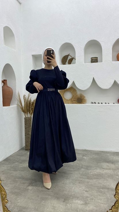 Lacivert Balon Kol Şifon Tesettür Abiye Tesettür Elbise