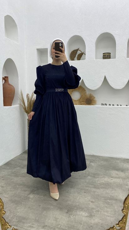 Lacivert Balon Kol Şifon Tesettür Abiye Tesettür Elbise