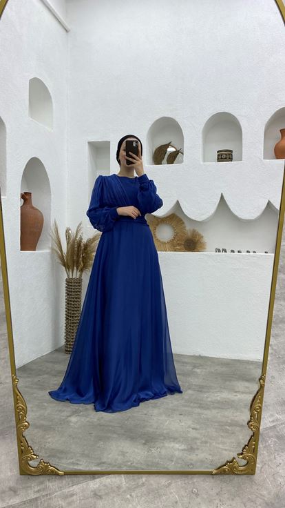 Mavi Kruvaze Yaka Drapeli Şifon Tesettür Abiye Elbise