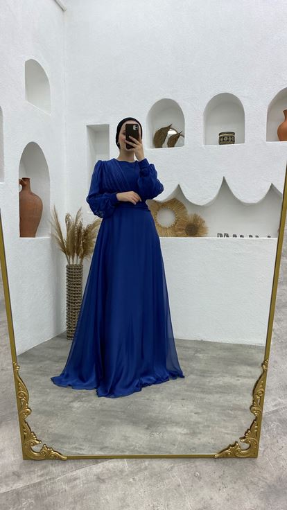 Mavi Kruvaze Yaka Drapeli Şifon Tesettür Abiye Elbise
