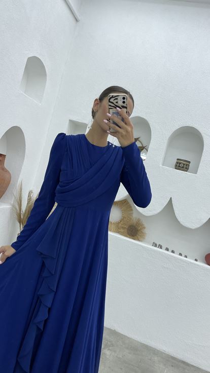 Saks Piliseli Volanlı Şifon Tesettür Abiye Elbise