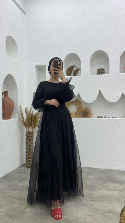 Siyah Simli Beli Drapeli Tül Abiye Tesettür Elbise