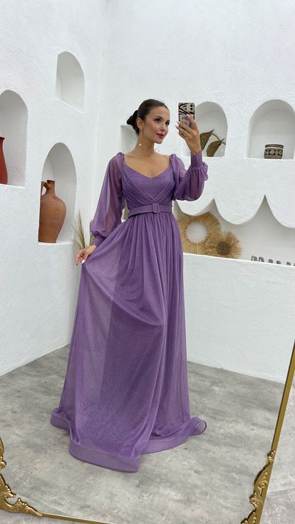 Lilac Belt Detail Glittered Long Tulle Evening Dress