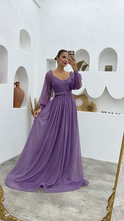 Lilac Belt Detail Glittered Long Tulle Evening Dress